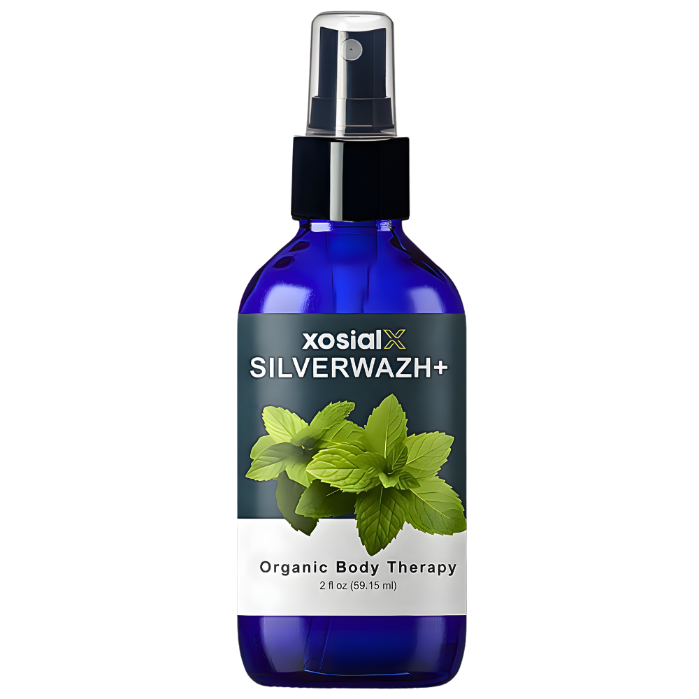 Blue spray bottle labeled 'Xosial Silverwazh+' with mint leaves on a white background
